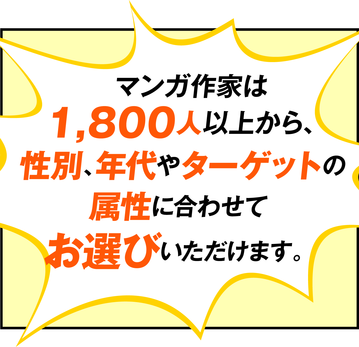 マンガ作家は1,800人以上から、性別、年代やダーゲットの属性に合わせてお選びいただけます。